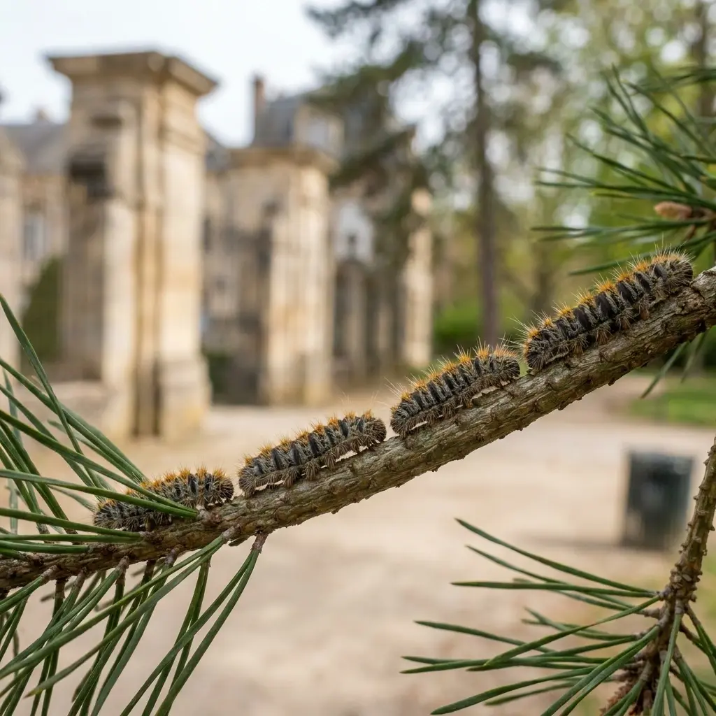 Situations courantes rencontrées : nids dans les pins, sentiers contaminés, jardins publics et zones résidentielles