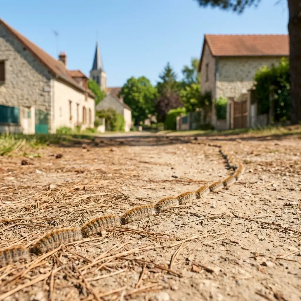 Situations fréquentes : nids dans les pins, larves au sol et risques animaux