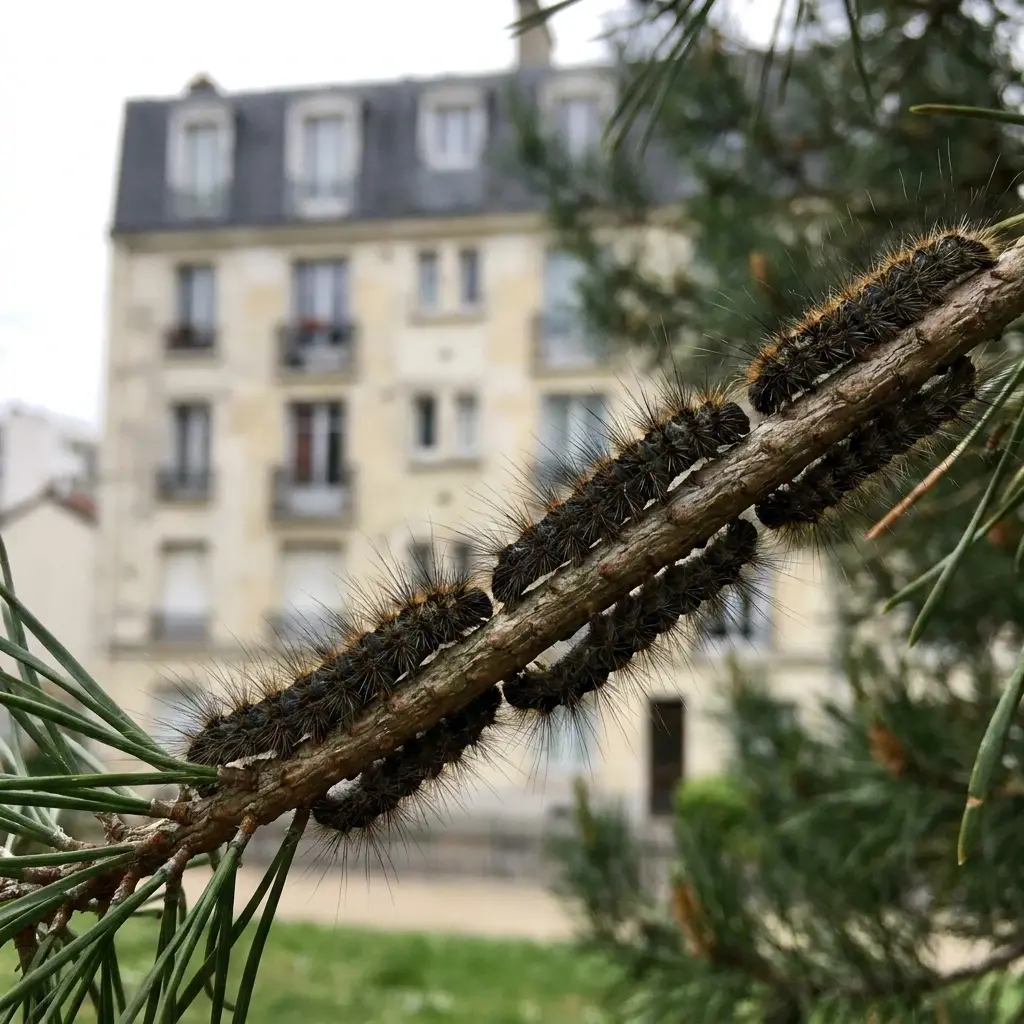 Situations fréquentes : nids dans les pins, larves au sol et risques allergiques
